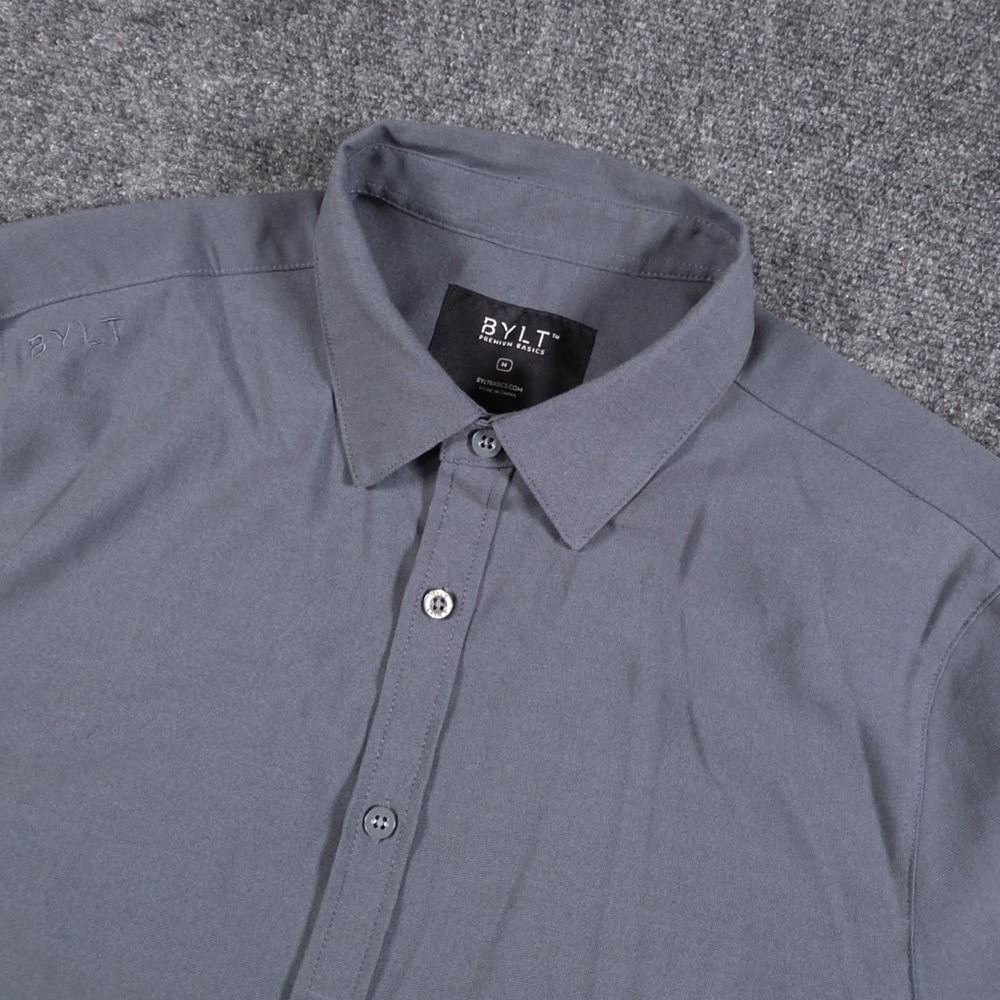 BYLT Vista Shirt Mens Medium Gray Stretch Short Sleeve Button Down